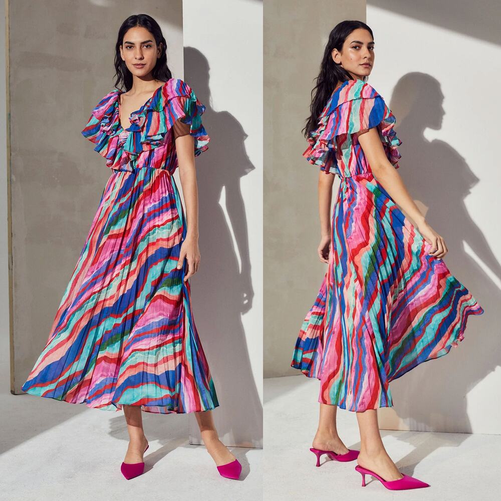 AMUR Luisa Pleated Maxi Dress Aventurine Marble Ruffle Size 2 $598